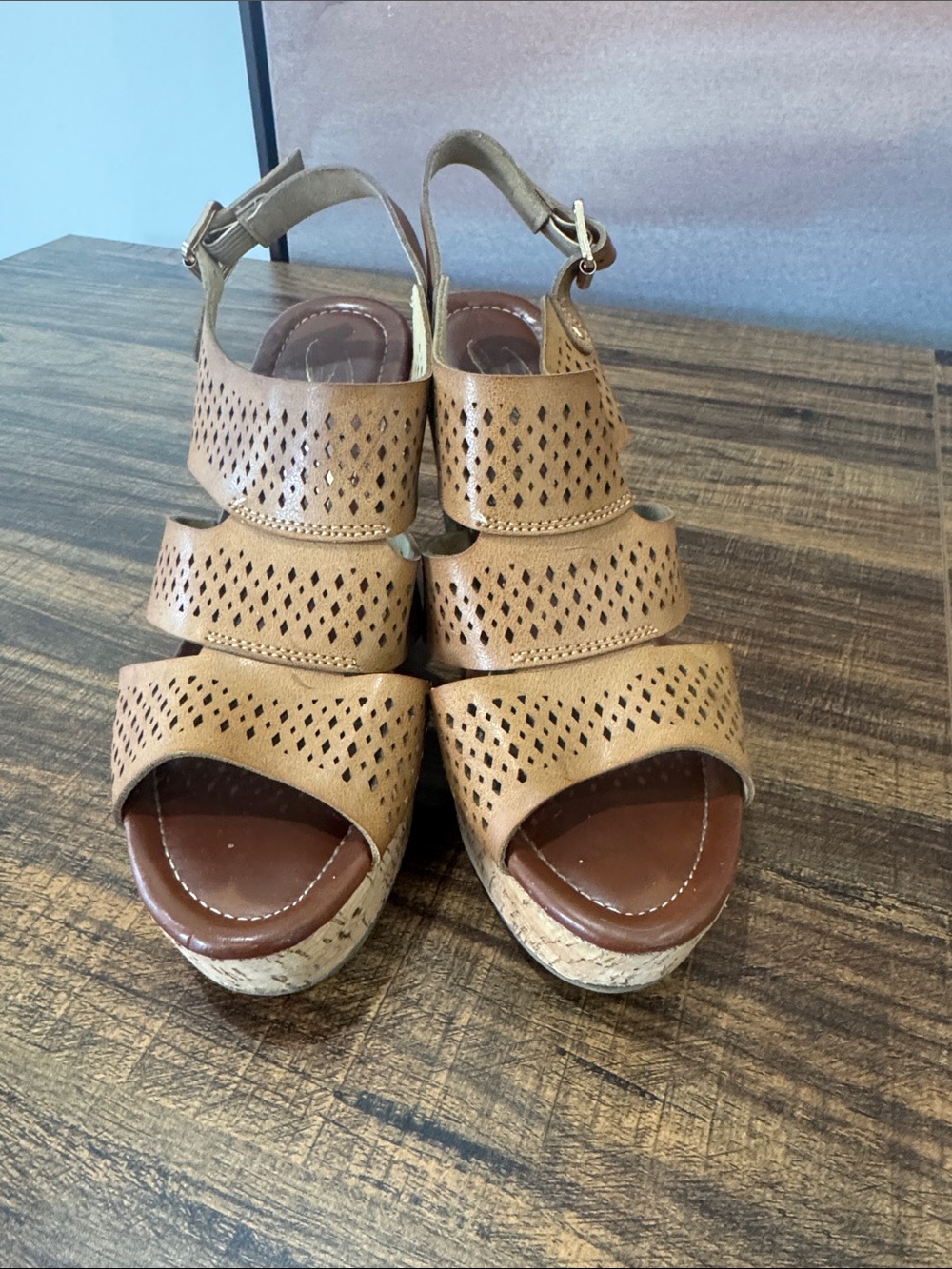 Perforated Tan Cork Wedge Sandals with Adjustable Ankle Strap